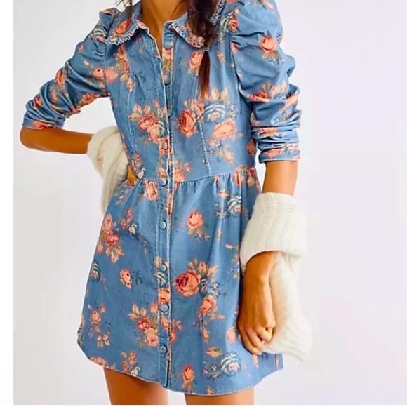 LoveShack Fancy Breyer corduroy Floral Denim Dress size 0 - Picture 2 of 12